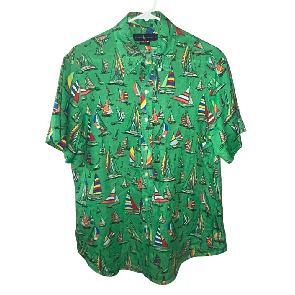 Polo Ralph Lauren Mens Green Linen Sailboat Print Shirt Classic Fit M - Picture 3 of 9